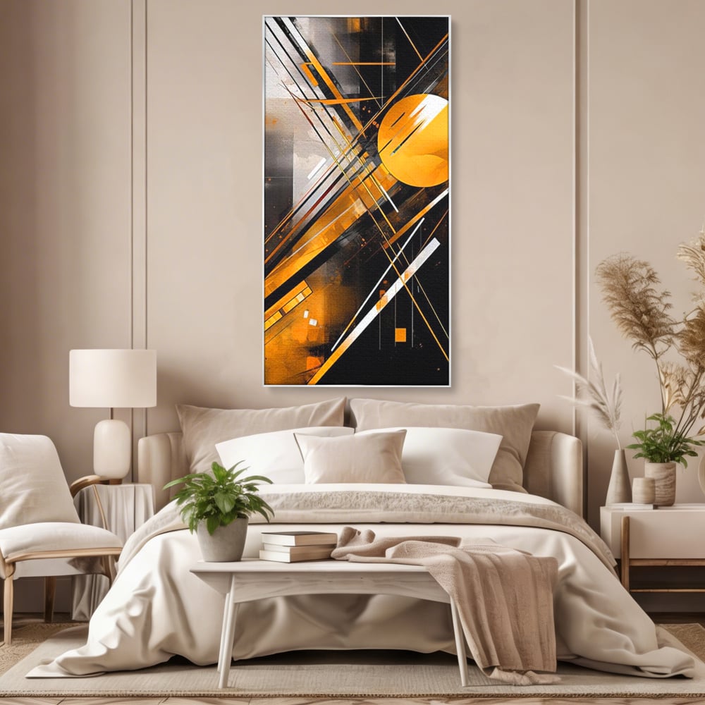 Tablou canvas cu tablou canvas cu forme geometrice abstracte, in rama de aluminiu argintiu, pe perete intr-un dormitor